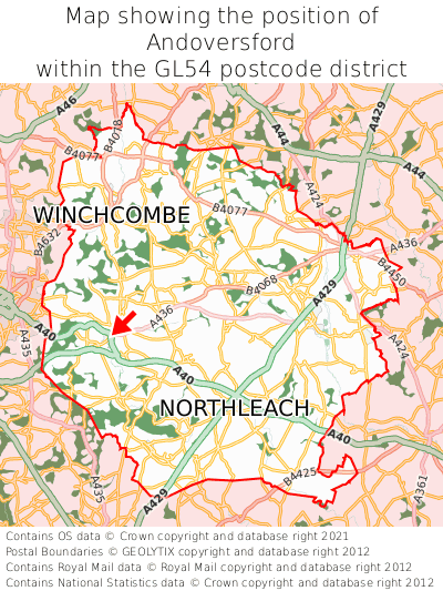 Map showing location of Andoversford within GL54