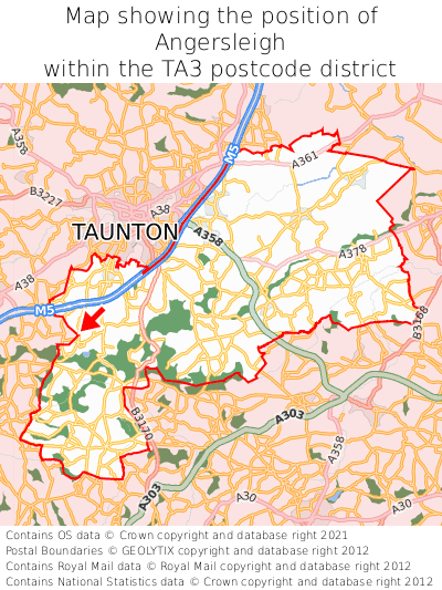 Map showing location of Angersleigh within TA3