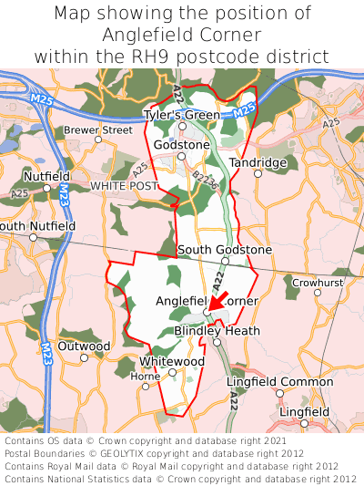 Map showing location of Anglefield Corner within RH9