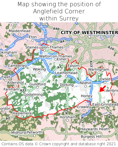 Map showing location of Anglefield Corner within Surrey