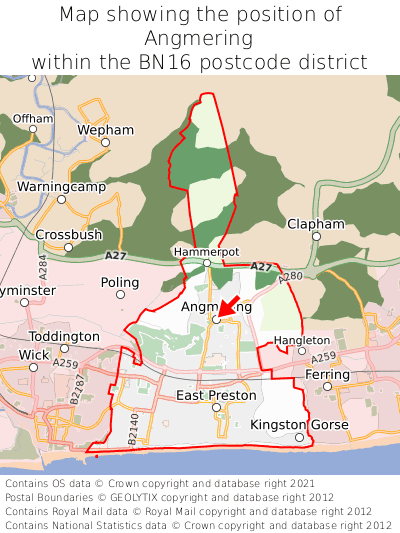 Map showing location of Angmering within BN16