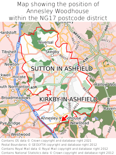 Map showing location of Annesley Woodhouse within NG17