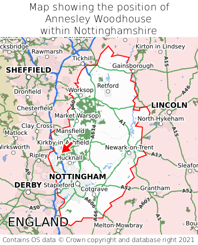 Map showing location of Annesley Woodhouse within Nottinghamshire