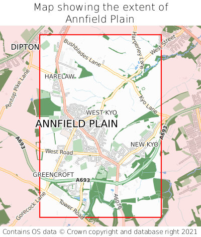 Map showing extent of Annfield Plain as bounding box