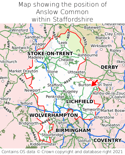 Map showing location of Anslow Common within Staffordshire