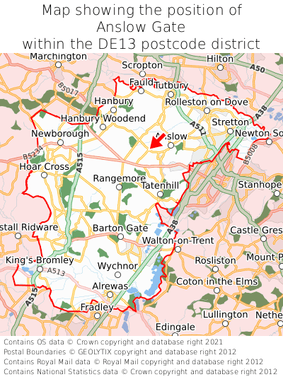 Map showing location of Anslow Gate within DE13