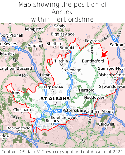 Map showing location of Anstey within Hertfordshire