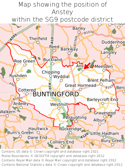 Map showing location of Anstey within SG9