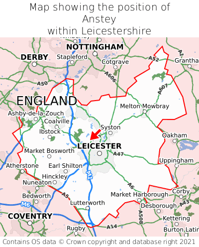 Map showing location of Anstey within Leicestershire