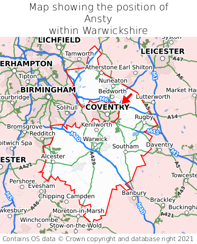 Map showing location of Ansty within Warwickshire