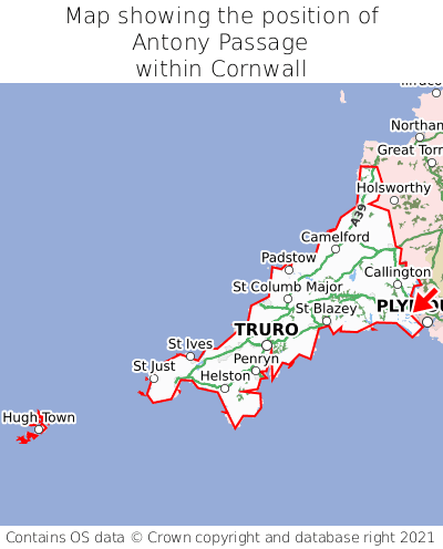 Map showing location of Antony Passage within Cornwall