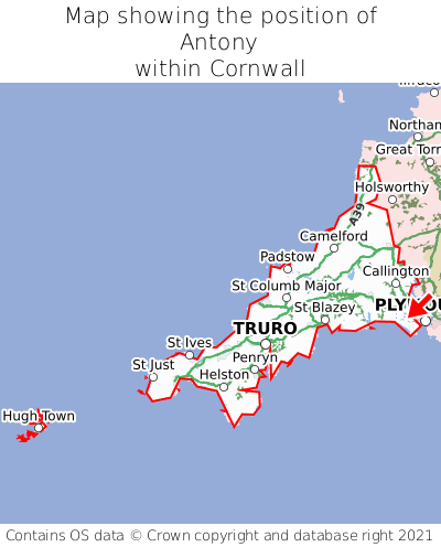 Map showing location of Antony within Cornwall