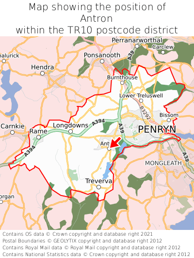 Map showing location of Antron within TR10