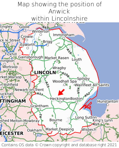 Map showing location of Anwick within Lincolnshire