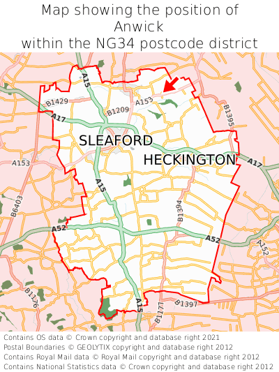 Map showing location of Anwick within NG34