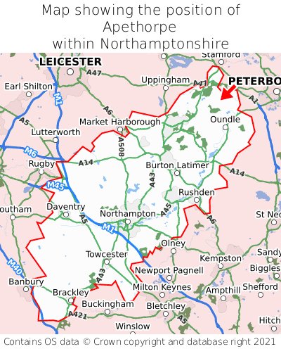 Map showing location of Apethorpe within Northamptonshire