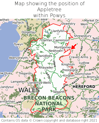 Map showing location of Appletree within Powys