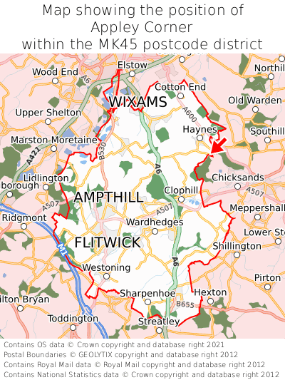 Map showing location of Appley Corner within MK45