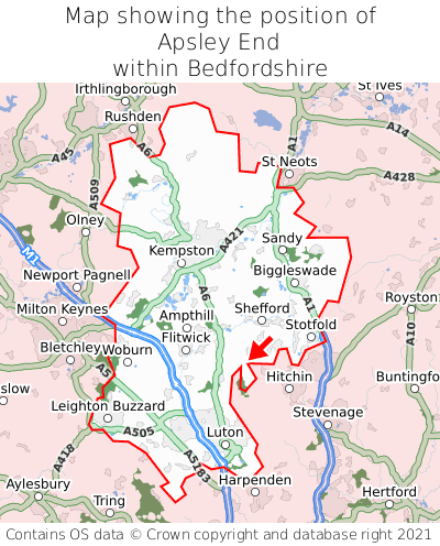 Map showing location of Apsley End within Bedfordshire