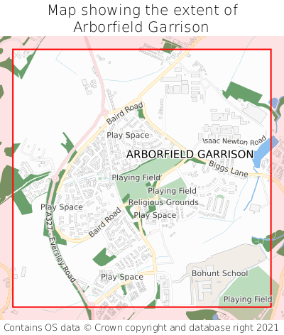 Map showing extent of Arborfield Garrison as bounding box