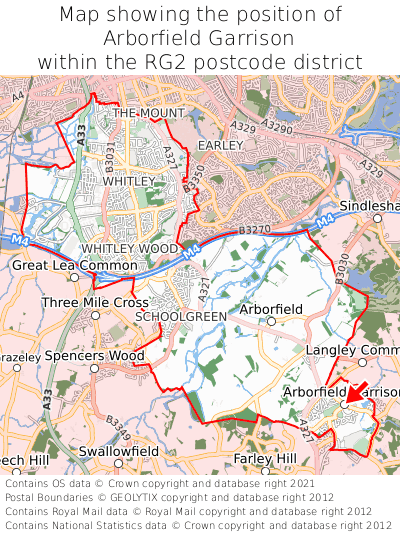 Map showing location of Arborfield Garrison within RG2