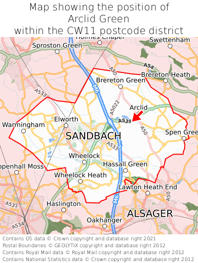 Map showing location of Arclid Green within CW11