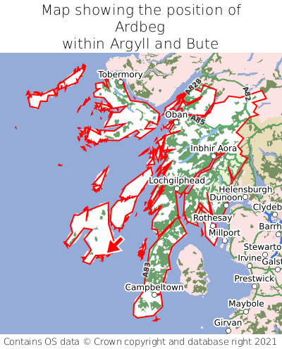 Map showing location of Ardbeg within Argyll and Bute