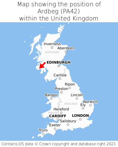Map showing location of Ardbeg within the UK