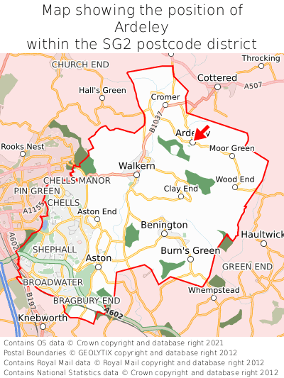 Map showing location of Ardeley within SG2