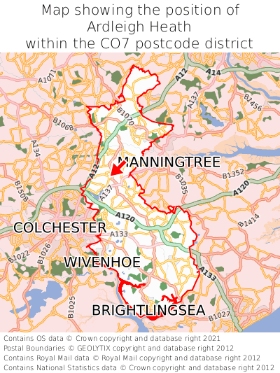Map showing location of Ardleigh Heath within CO7