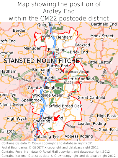 Map showing location of Ardley End within CM22