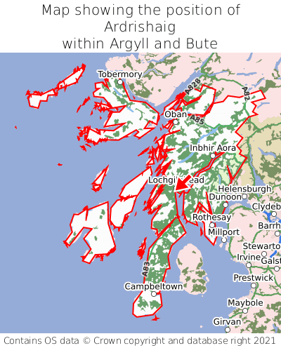 Map showing location of Ardrishaig within Argyll and Bute