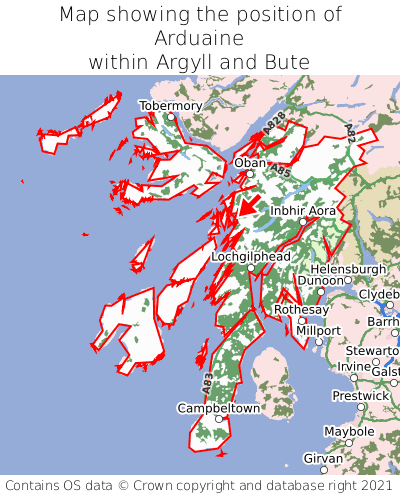 Map showing location of Arduaine within Argyll and Bute