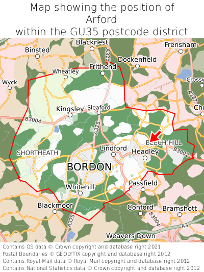 Map showing location of Arford within GU35