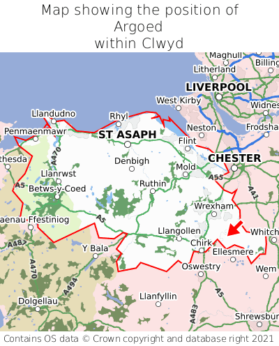 Map showing location of Argoed within Clwyd