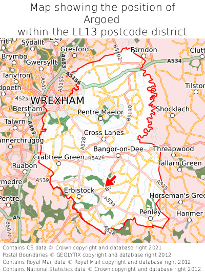 Map showing location of Argoed within LL13