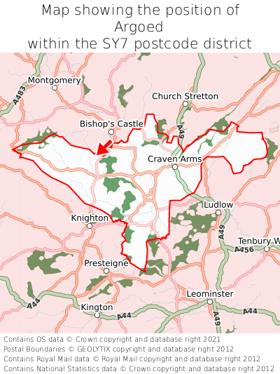 Map showing location of Argoed within SY7