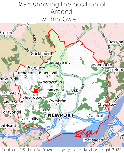 Map showing location of Argoed within Gwent