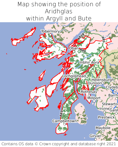 Map showing location of Aridhglas within Argyll and Bute