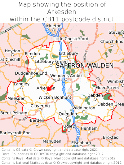 Map showing location of Arkesden within CB11