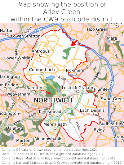 Map showing location of Arley Green within CW9