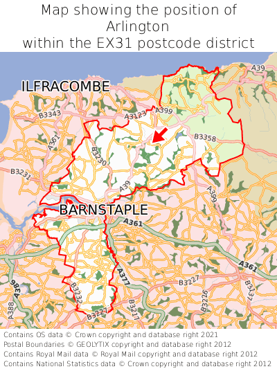 Map showing location of Arlington within EX31