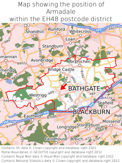 Map showing location of Armadale within EH48