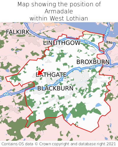 Map showing location of Armadale within West Lothian