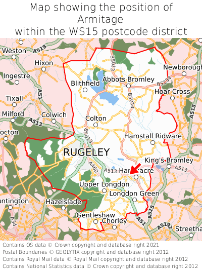 Map showing location of Armitage within WS15