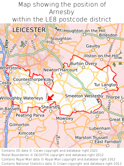 Map showing location of Arnesby within LE8