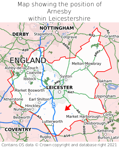 Map showing location of Arnesby within Leicestershire