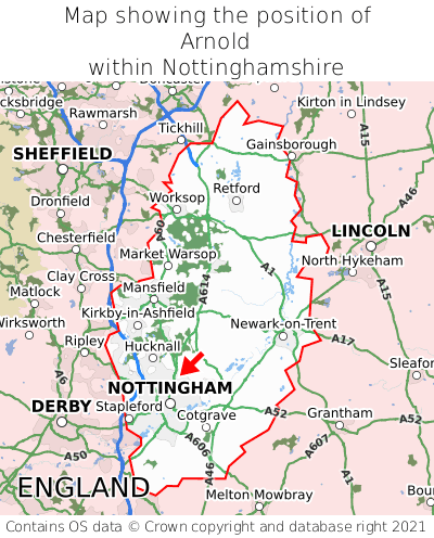 Map showing location of Arnold within Nottinghamshire