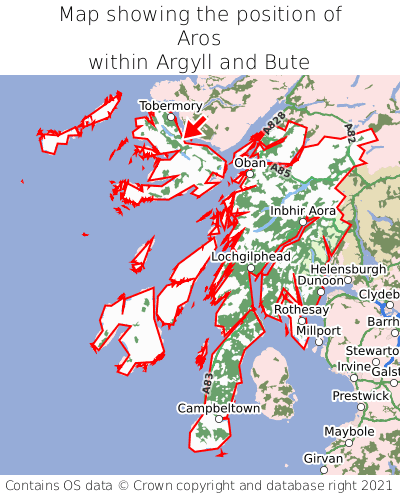 Map showing location of Aros within Argyll and Bute