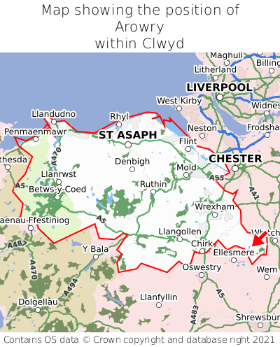 Map showing location of Arowry within Clwyd
